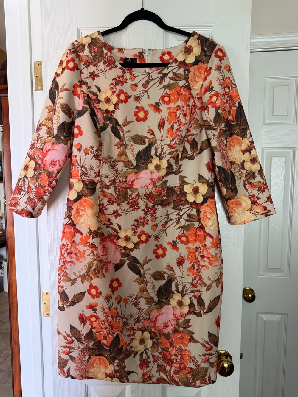 Talbots Beige Floral Sheath Dress with Orange & Pink Blooms